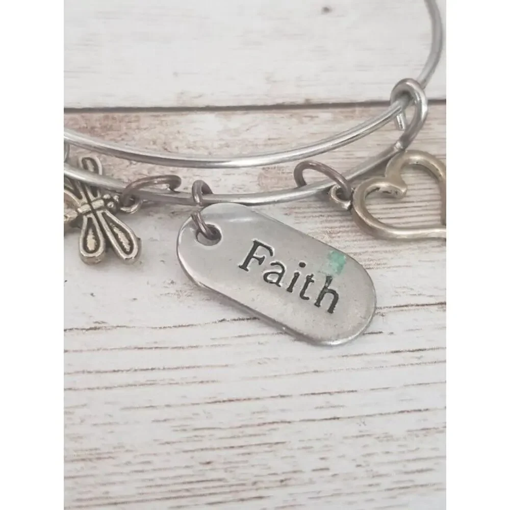 Silver Tone Faith Adjustable Bracelet / Bangle - Tarnished